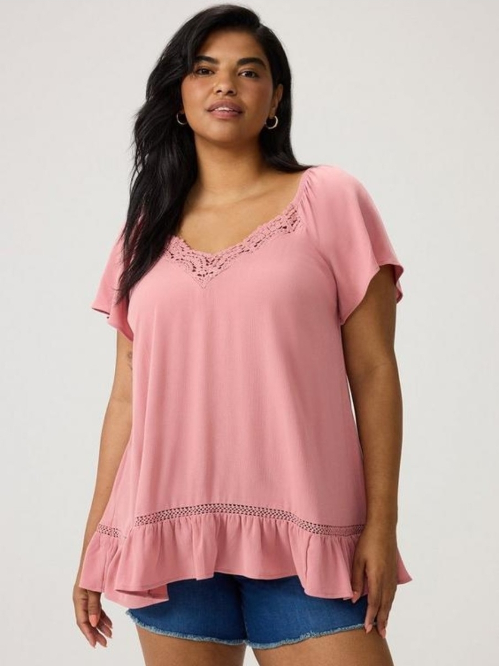 Torrid Pink Crochet-Trim Ruffle-Hem V-Neck Tunic